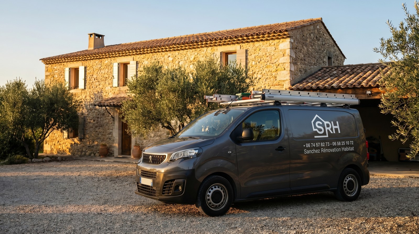 Camion SRH Rénovation devant mas en pierre — Hérault