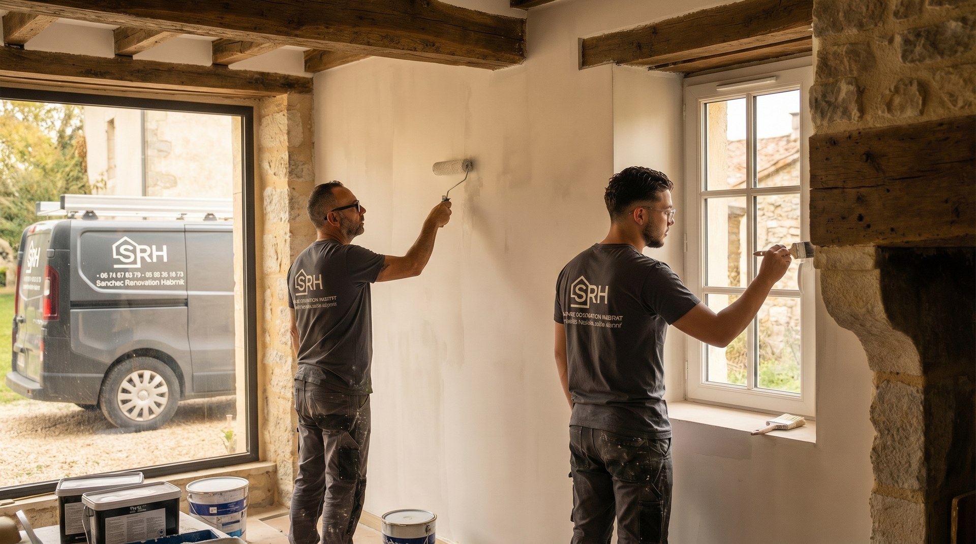 Florent et Nino Sanchez — peinture intérieure sur chantier, SRH Rénovation Hérault