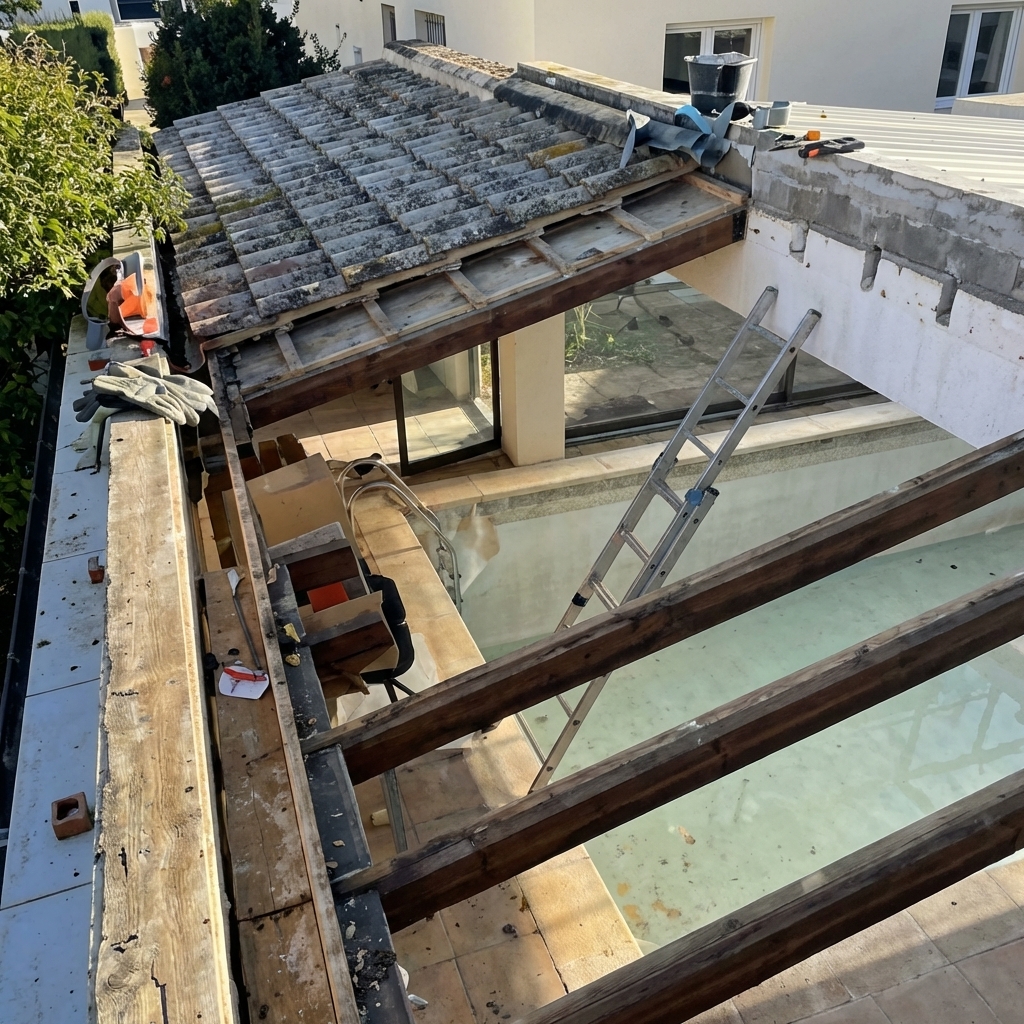 Toiture en cours de réfection — tuiles et charpente Hérault