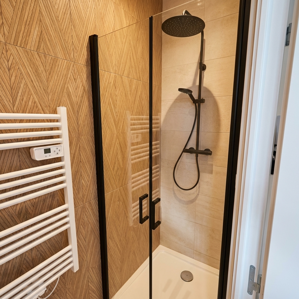 Douche à l'italienne avec paroi noire et carrelage imitation bois — Hérault