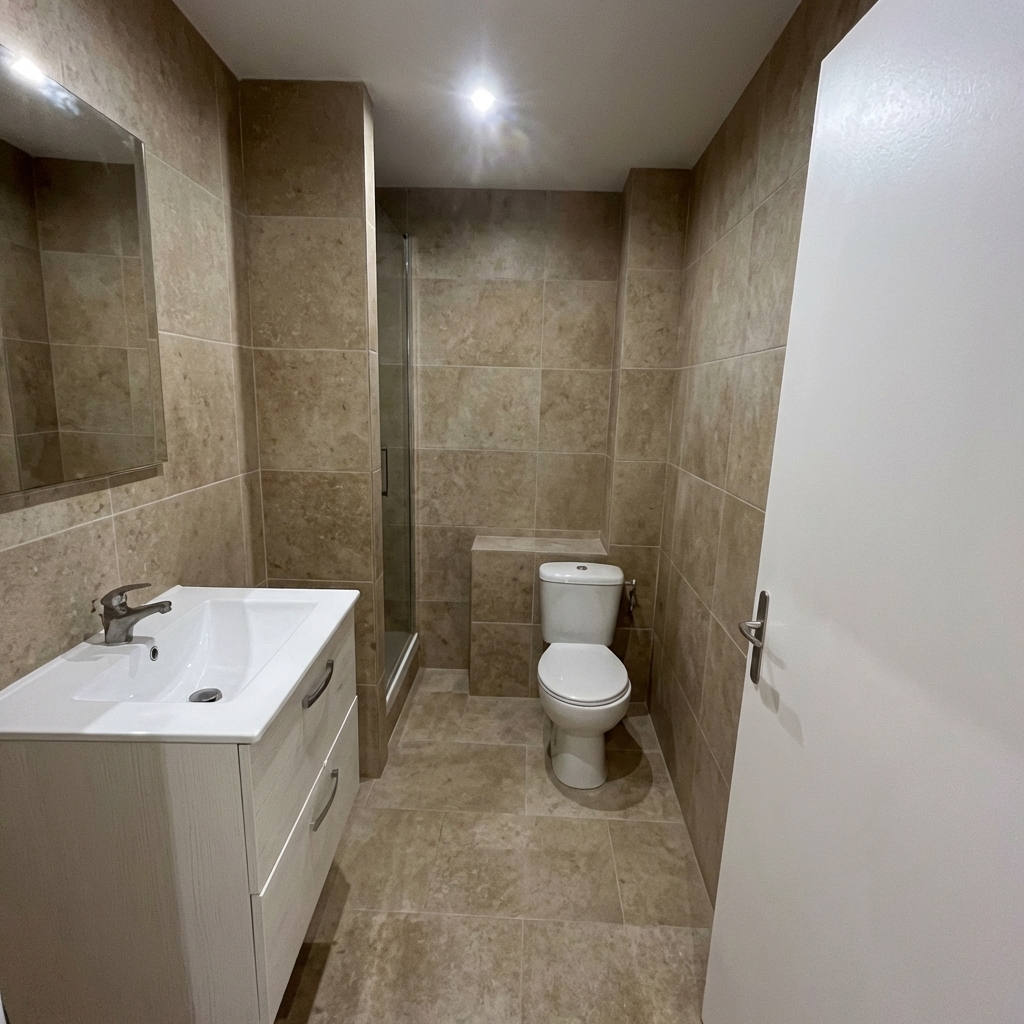 Salle de bain complète rénovée avec WC, vasque et carrelage beige — Hérault
