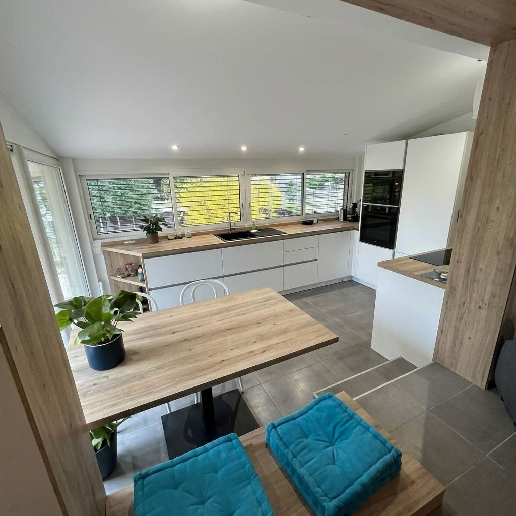 Cuisine blanche moderne avec plan de travail bois et espace repas ouvert