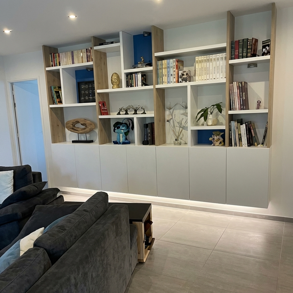 Bibliothèque sur mesure blanc et bois avec éclairage intégré dans salon