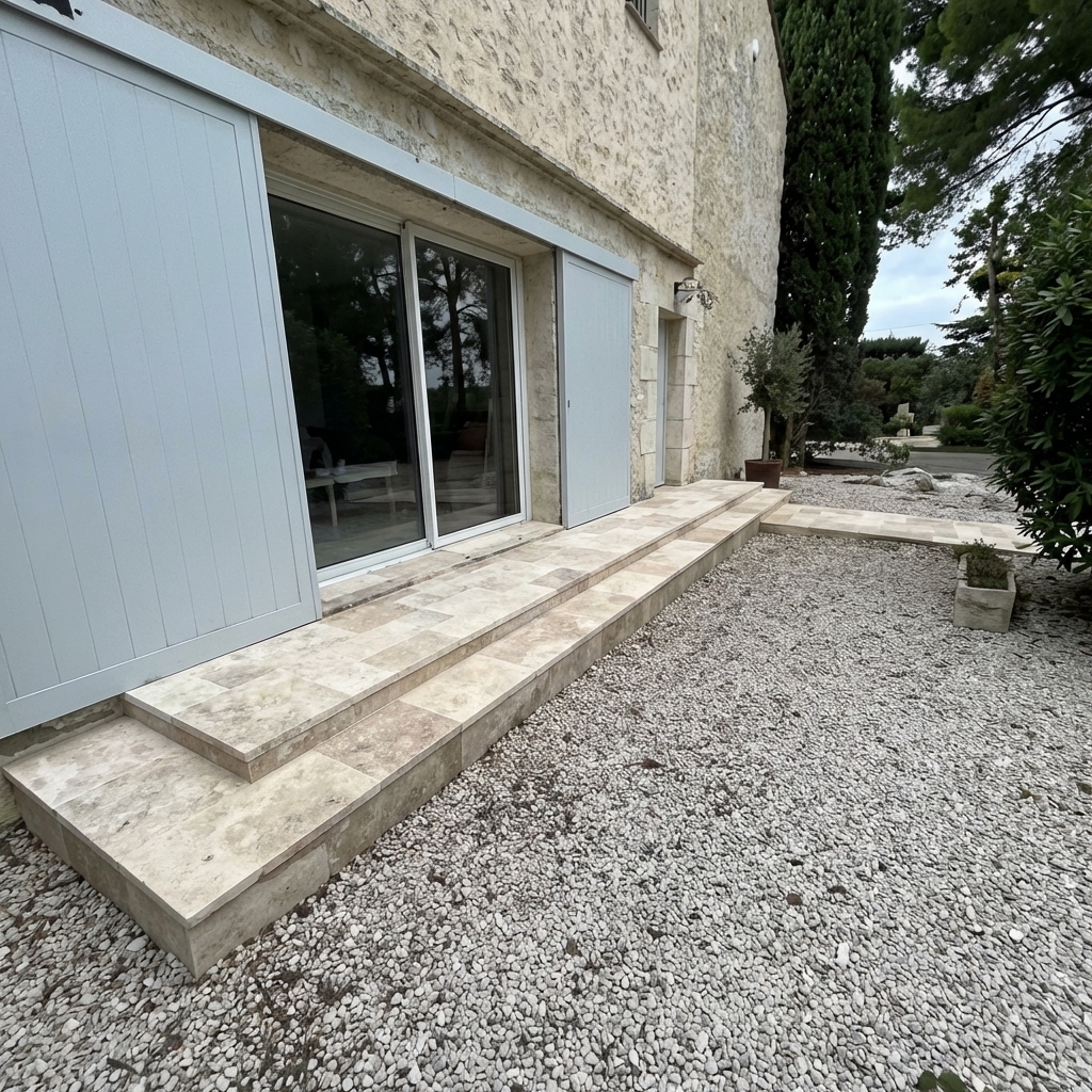 Accès maison rénové avec marches en pierre naturelle et gravier blanc